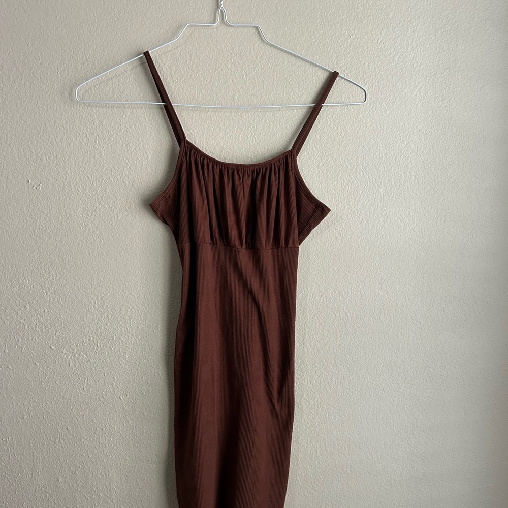 See You Monday Brown Ribbed Midi Slip Dress